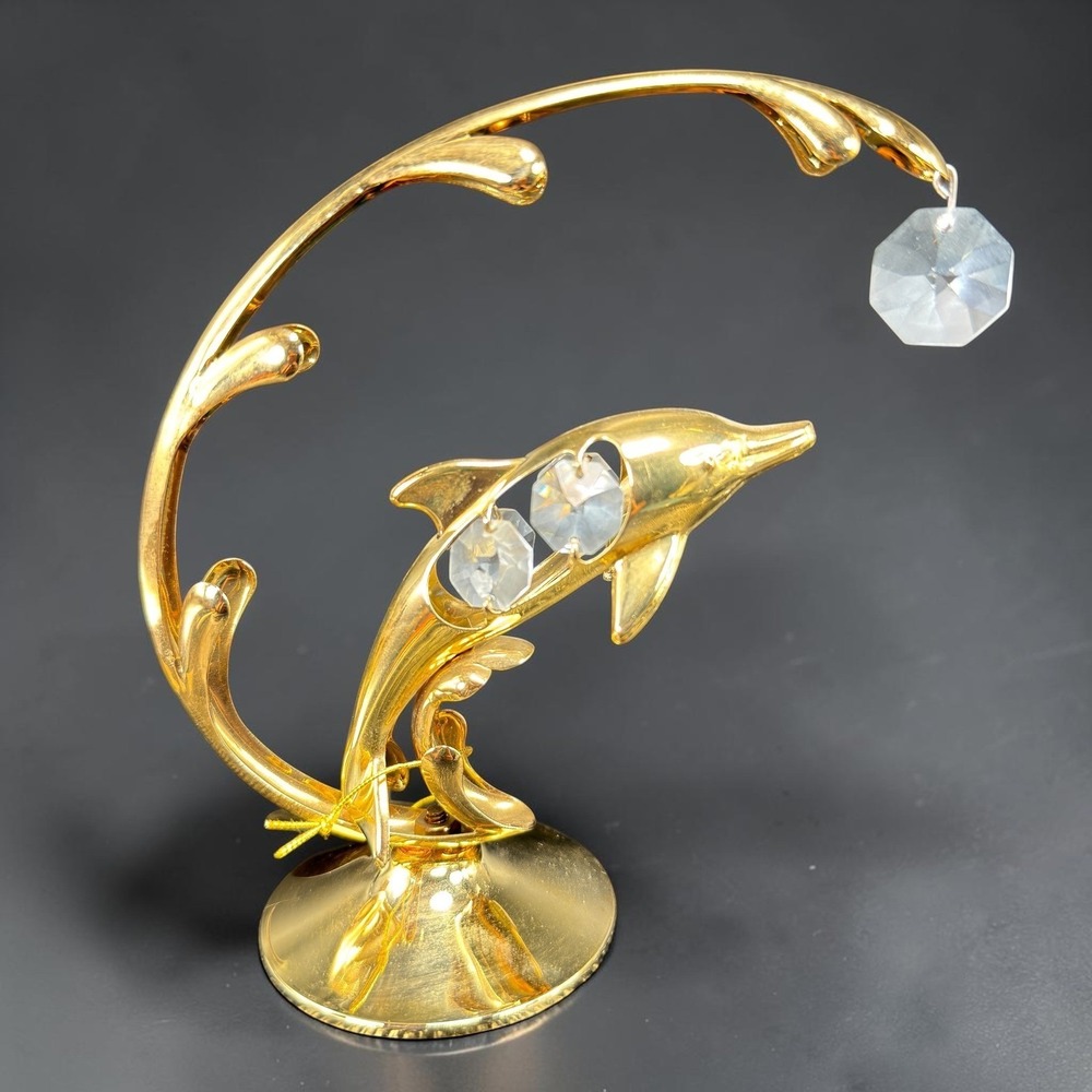 Crystal Delight 24K Gold Plated Dolphin Figurine Austrian Crystal Mascot USA 5"